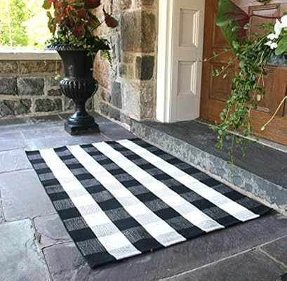 NANTA Black and White Rug Buffalo Plaid Check Checkered Rug Cotton Hand-Woven Rugs for Welcome Do... | Amazon (US)
