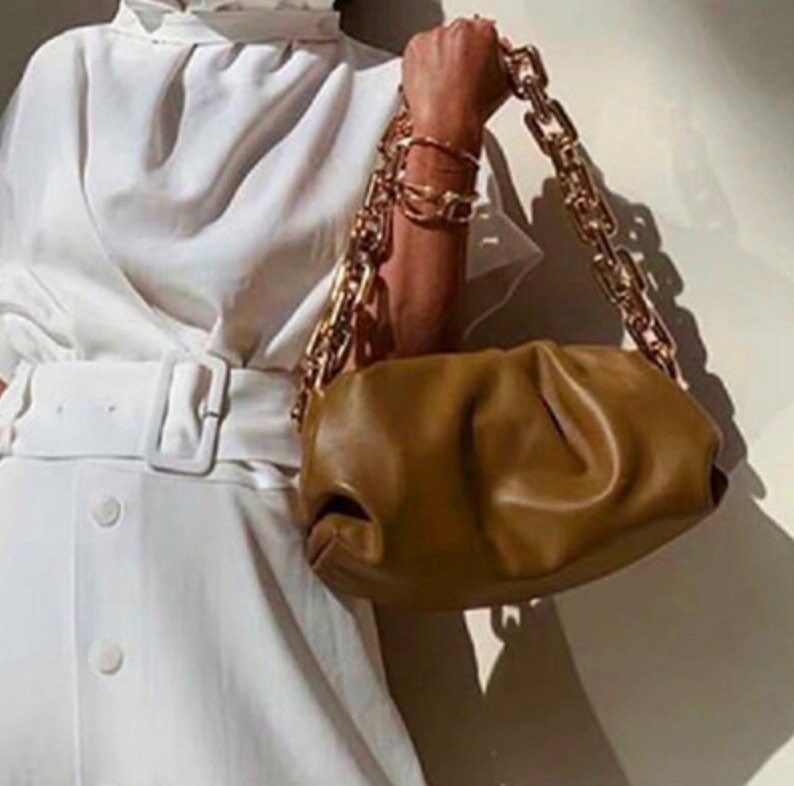 Lady Shoulder Handbags Female Solid Color Travel Hand Bag, Gold Chain PU Leather Cloud Bag dumpli... | Etsy (US)