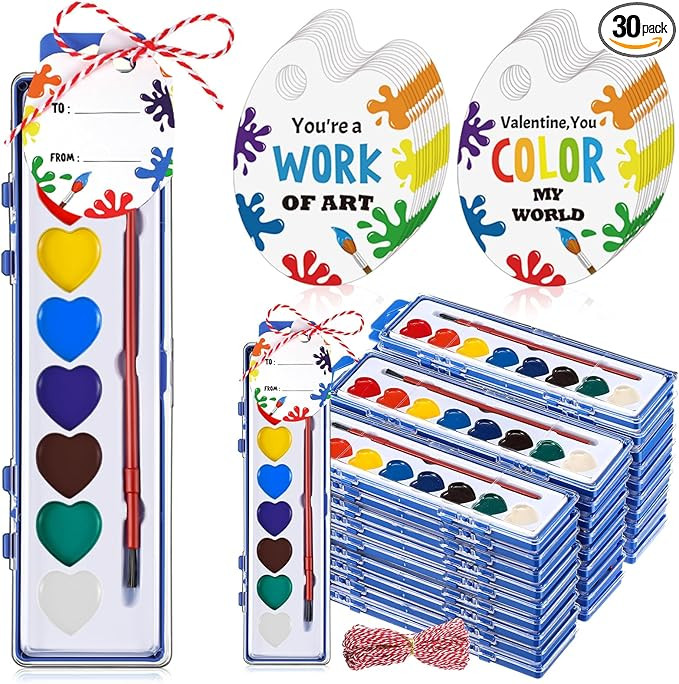 Sabary 30 Pack Valentines Day Gift Watercolor Paint Set 8 Heart Shape Washable Water Color Paint ... | Amazon (US)
