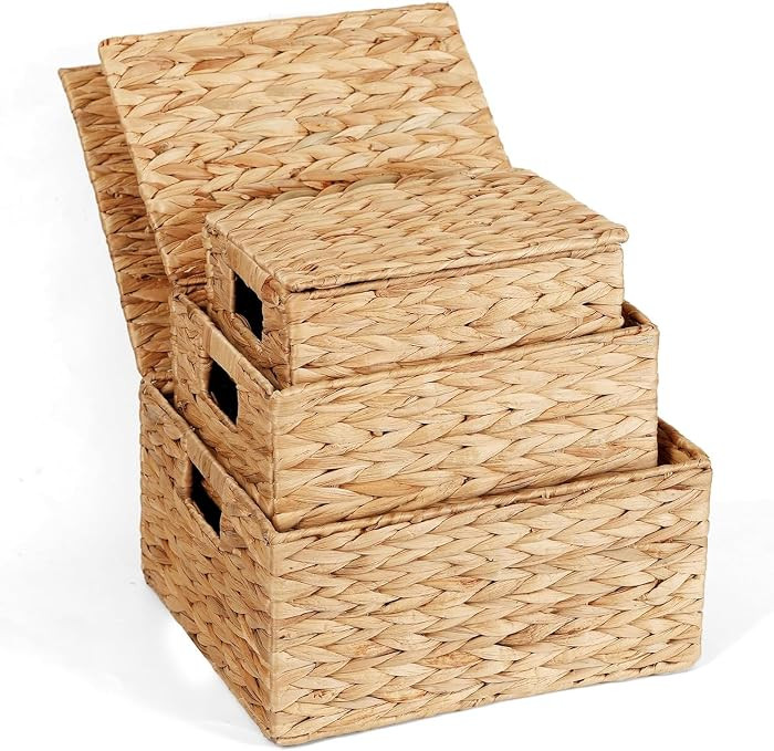 Wicker Storage Baskets with Lids,Multi-size 3 Pack Natural Water Hyacinth Wicker Nesting Baskets,... | Amazon (US)