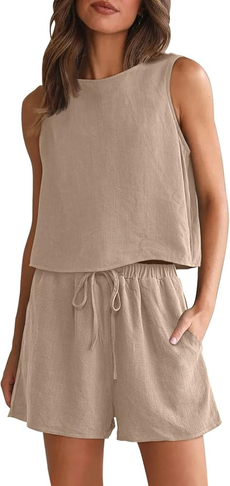 AUTOMET Women 2 Two Piece Outfits Lounge Matching Sets Linen Shorts Crop Tops 2023 Summer Fashion... | Amazon (US)