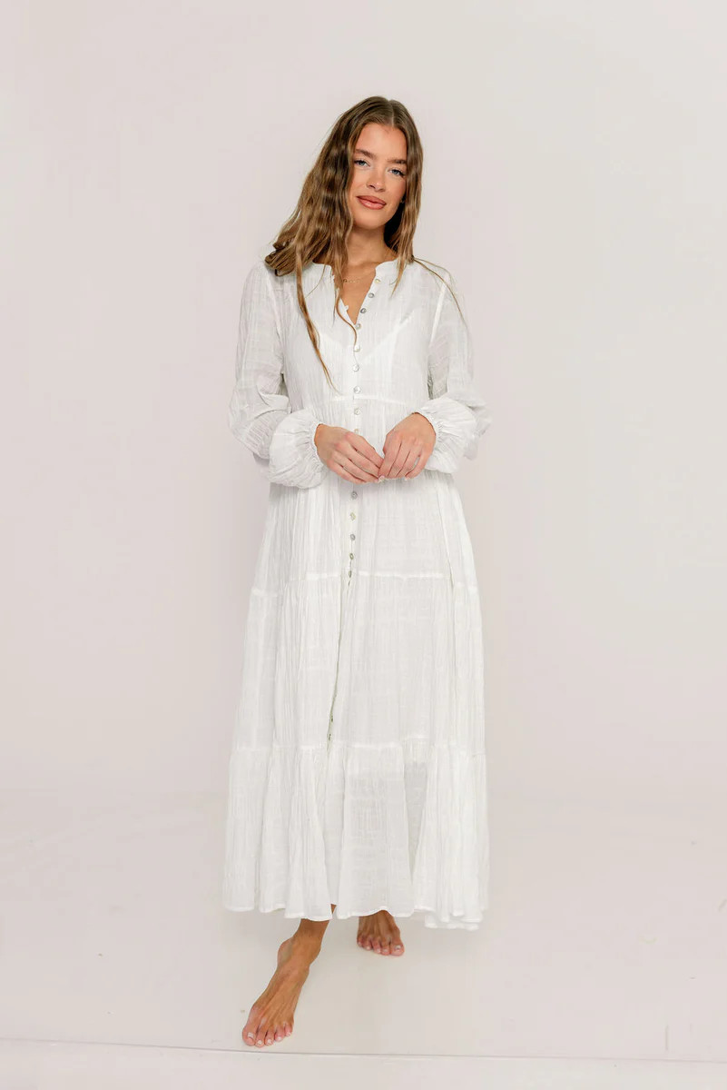 Anna Cotton-Blend Button Down Maxi Dress in Ivory - Bump Friendly | Worth Collective