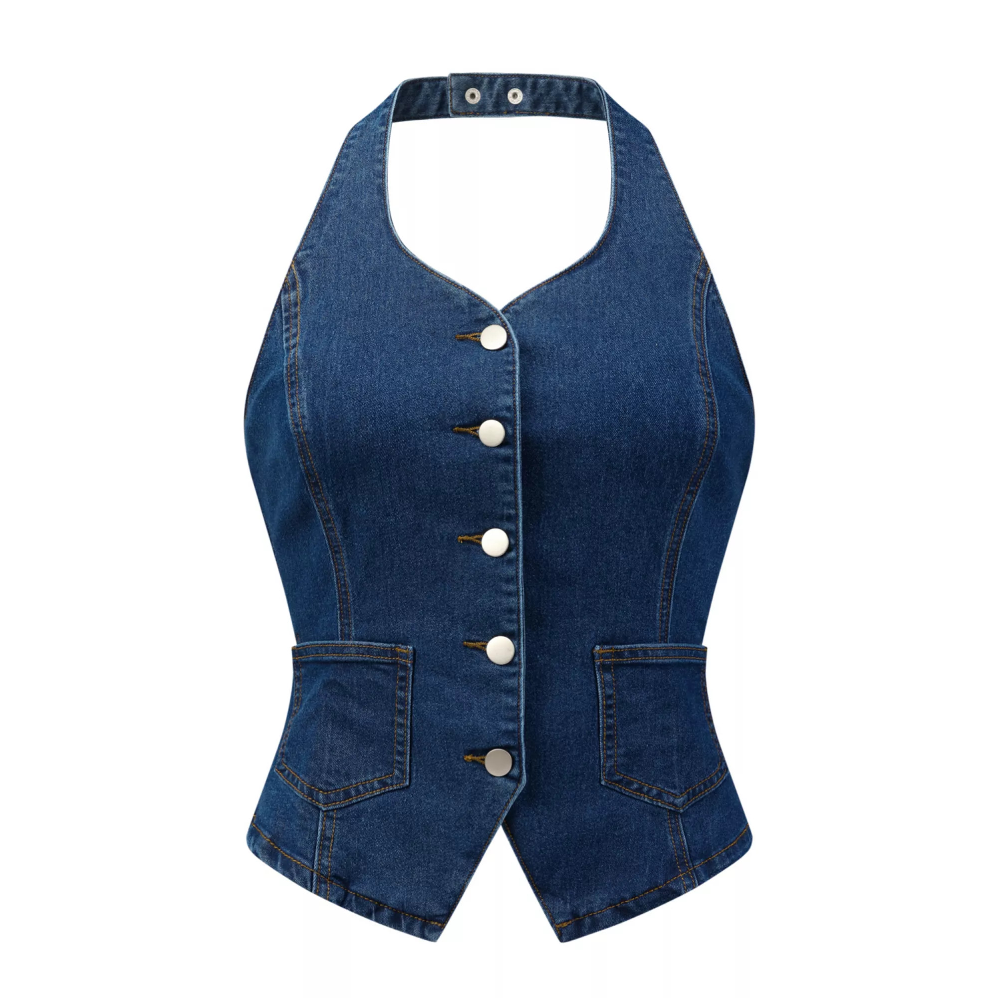 Casual Denim Vest for Women's Halter Neck Button Down Backless Jean Waistcoat | Kohl's