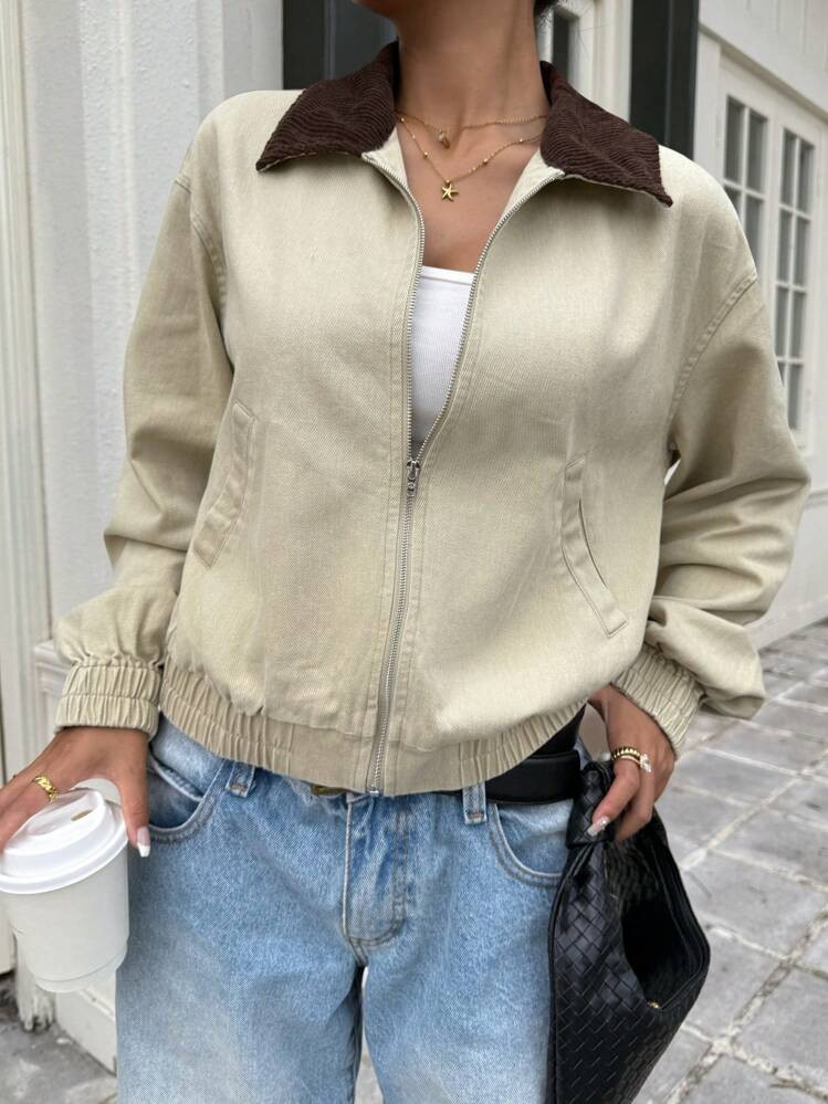 SHEIN EZwear Barn Style Loose Jacket Stockholm Style Fall Women Clothes Old Money Color Block Woven Women's Dropped Shoulder Long Sleeve Zip Front Jacket Women Clothing Y2k | SHEIN