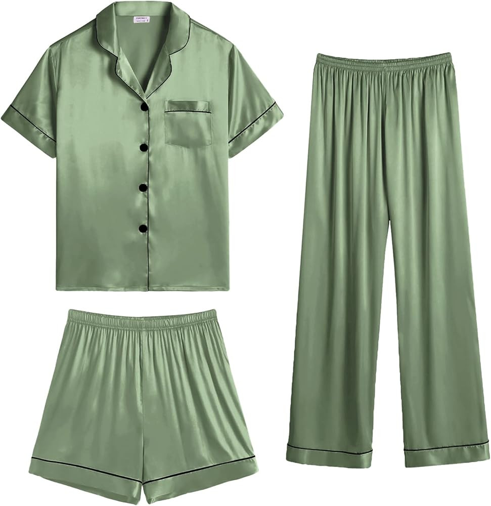 SWOMOG Womens Silk Satin Pajama Sets 3Pcs Button Down Pj Set Short Sleeve Sleepwear Loungewear Pj... | Amazon (US)
