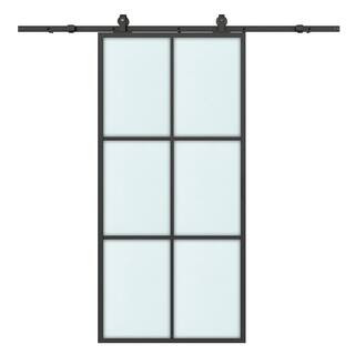 36 in. x 84 in. 6 Lite Frosted Glass Black Aluminum Frame Interior Sliding Barn Door with Hardwar... | The Home Depot