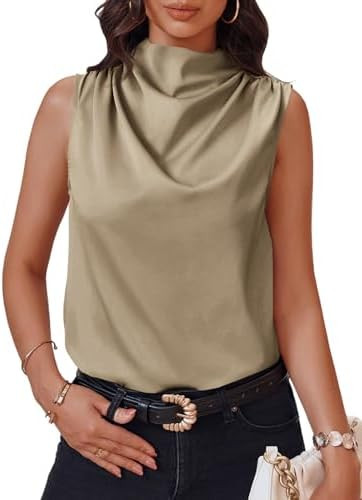 Cicy Bell Womens Mock Neck Satin Tank Tops Silky Business Casual Outfits | Cowl Neck, Ruched Drap... | Amazon (US)