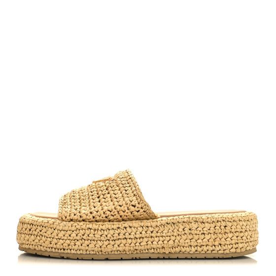 Raffia Metal Triangle Logo Woven Flatform 35mm Slide Sandals 37 Naturale | FASHIONPHILE (US)