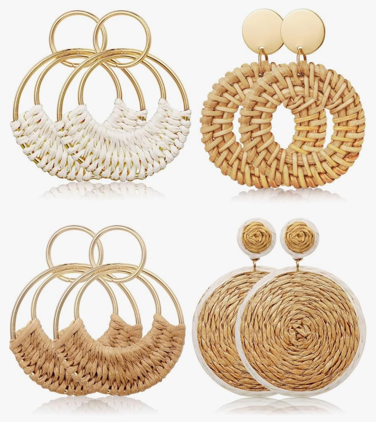 4 Pairs Handmade Raffia Rattan Bohemian Round Drop Dangle Earrings for Women, Boho Statement Cute... | Amazon (US)
