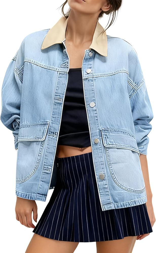 Yeokou Women Oversize Denim Jacket Casual Button Down Jean Coat Long Sleeve Shacket Outfit with P... | Amazon (US)