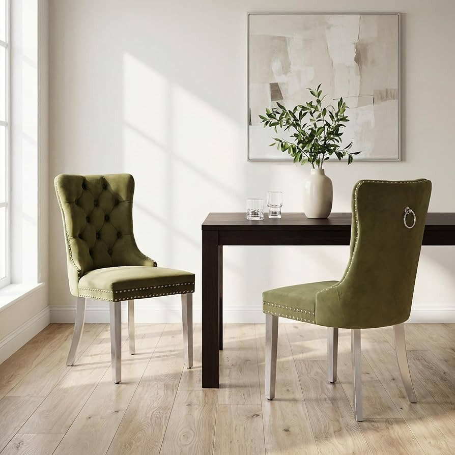 OVENTA Modern Tufted Upholstered Dining Chairs Set of 2, Olive Green Velvet Dining Room Chair wit... | Amazon (US)