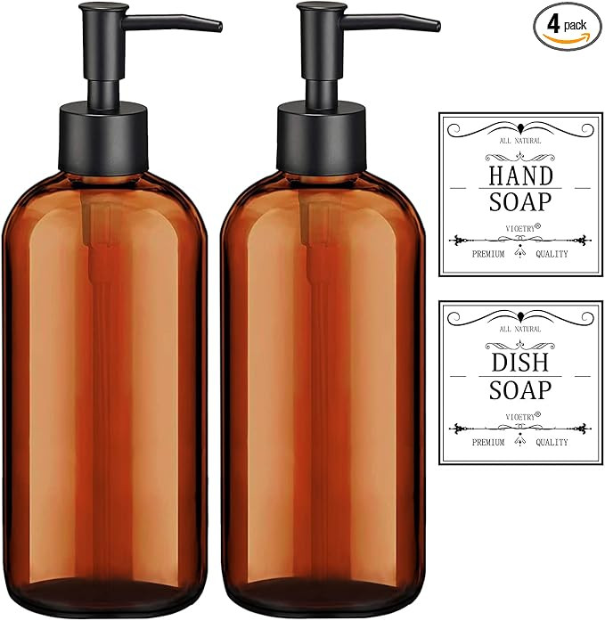 Amber Soap Dispenser with Rust Proof Pump, Waterproof Labels (2 Pack,16 Oz), Soap Dispenser Bathr... | Amazon (US)