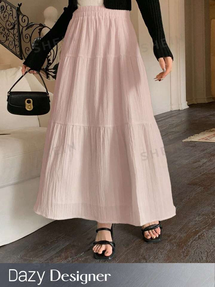 Dazy Designer Women's Solid Color Pleated Minimalist A-Line Skirt, Casual Everyday Wear | SHEIN