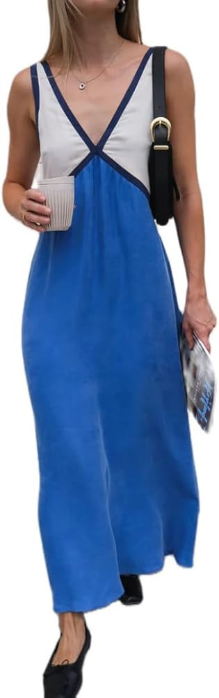 Women's Satin Flowy Maxi Dress Elegant Color Block Sleeveless Deep V Neck Patchwork Long Tank Pop... | Amazon (US)