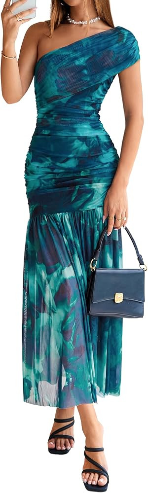 Simplee Womens One Shoulder Floral Maxi Dress Summer Sleeveless Ruched Elegant Bodycon Mesh Weddi... | Amazon (US)