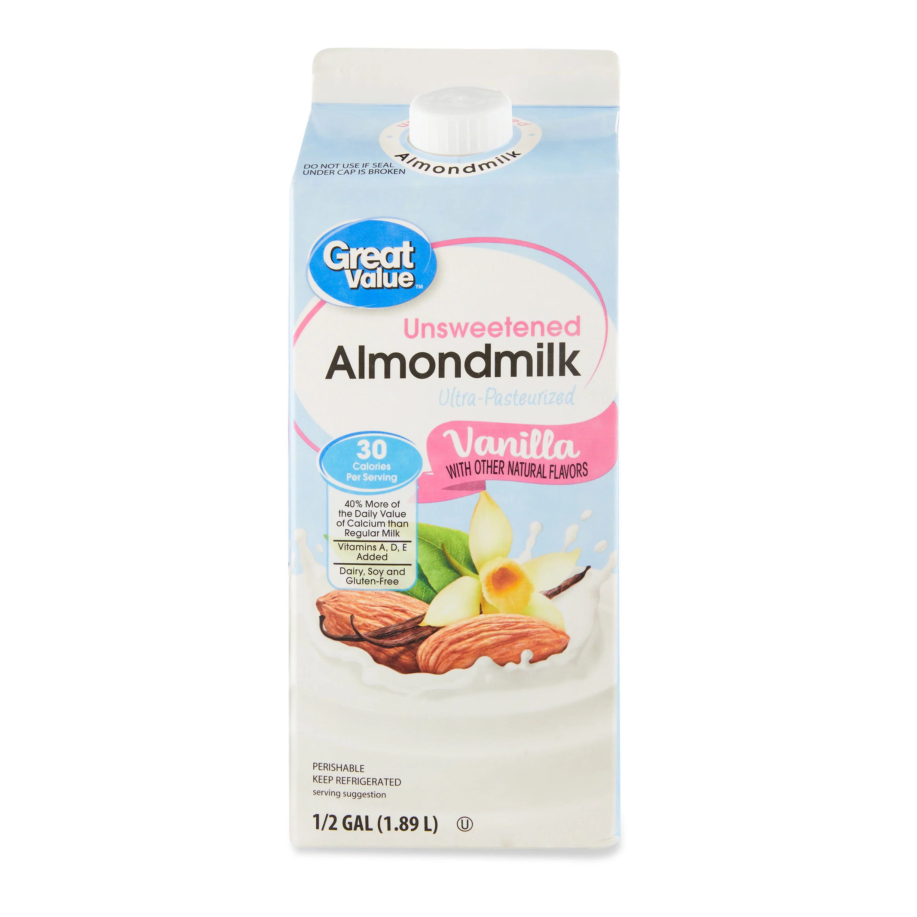Great Value Unsweetened Vanilla Almond Milk, Half Gallon, 64 fl oz - Walmart.com | Walmart (US)