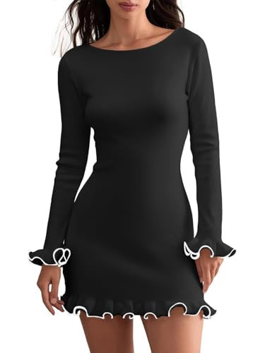 Cicy Bell Womens Ruffle Long Sleeve Mini Dress Bodycon Boat Neck Ribbed Knit Sweater Dresses Elegant Outfits Black | Amazon (US)