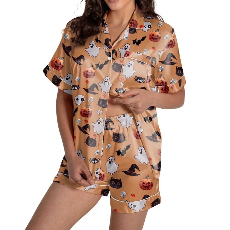 XIAONU Womens Cute Halloween Turn Down Collar Pajamas Cat Pumpkin Short Sleeve Pajamas Spooky Nig... | Walmart (US)