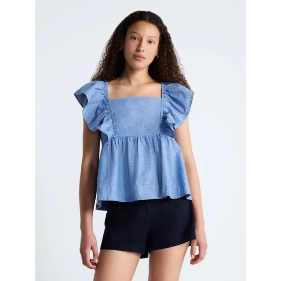 Free Assembly Women's Square Neck Cotton Top with Flutter Sleeves, Sizes XS-XXL | Walmart (US)