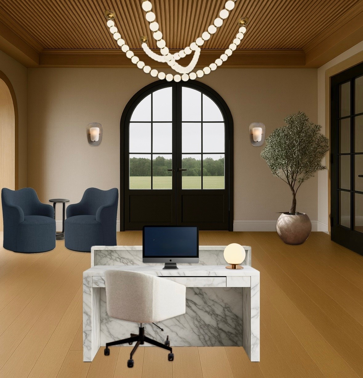 Designing a warm + modern reception space with oak floors, marble finishes, and clean lines ✨ This entire front office makeover blends linen wallpaper, oak slat ceiling detail, soft lighting, and a custom marble waterfall desk for the perfect elevated welcome moment.

The navy lounge chairs, arched doors, and modern chandelier pull everything together for a timeless, luxury feel. Linking all sources, seating, lighting, desk inspo, and décor I used to build this look.

If you’re designing an office or reception area, this palette is everything — warm, inviting, and high-end without feeling overdone.

#officedesign #receptiondesign #moderntransitional #marbledesk #oakfloors #interiordesigner #lobbydecor #workspaceinspo
