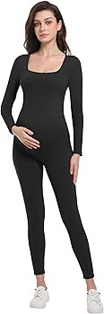 V VOCNI Maternity Jumpsuit Women's Square Neck Long Sleeve Bodycon T Shirts Yoga Leggings Romper ... | Amazon (US)
