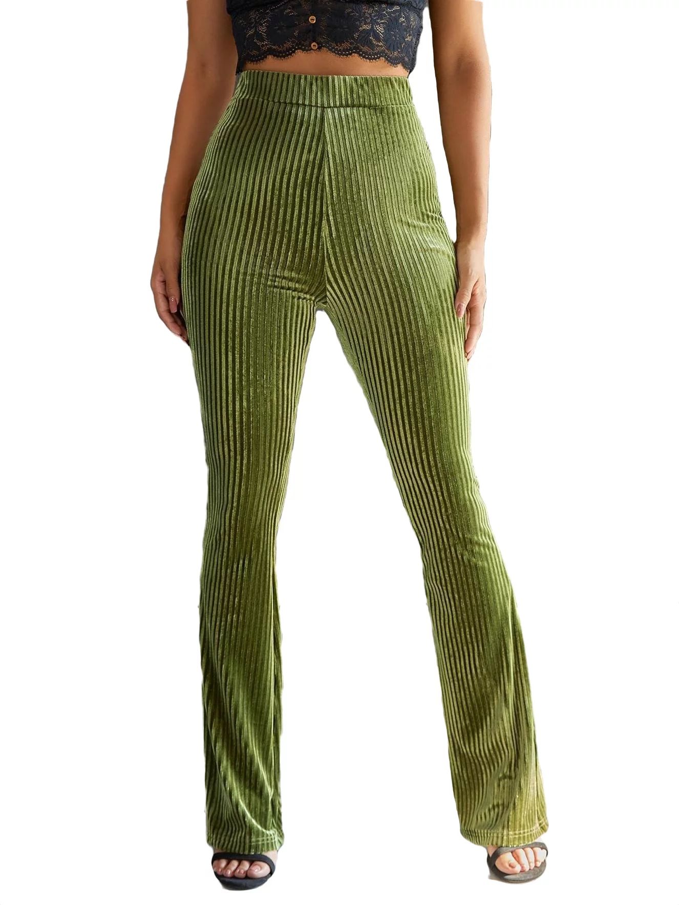 Women's Solid Flare Leg Velvet Pants Olive Green S(4) | Walmart (US)