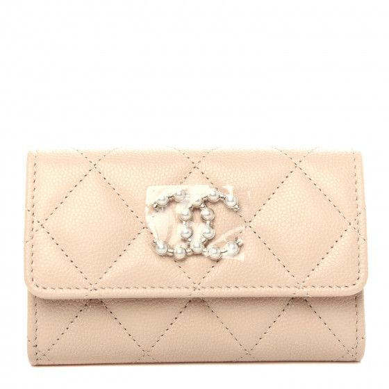 Caviar Pearl Quilted Coco Candy Flap Card Holder Beige | Fashionphile