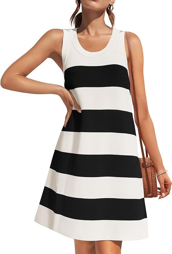 ZESICA Women's Summer Sleeveless Striped Mini Dress 2024 Crewneck Color Block Casual A Line Short... | Amazon (US)