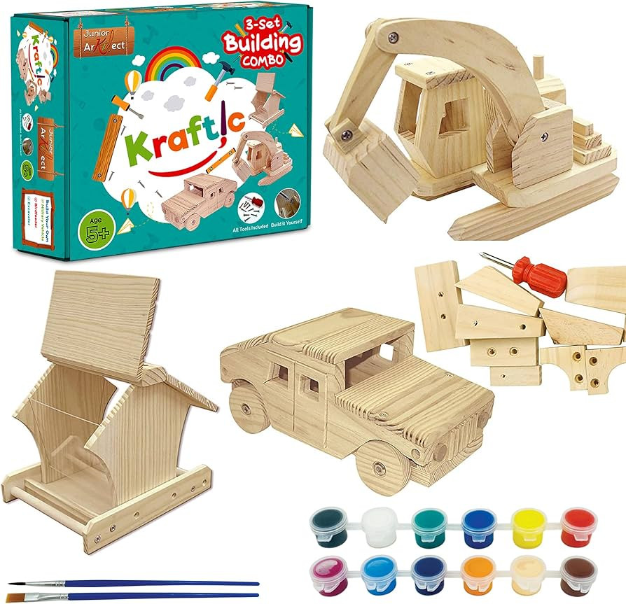 Kraftic Woodworking Building Kit for Kids and Adults, 3 Educational DIY Carpentry Construction Wo... | Amazon (US)