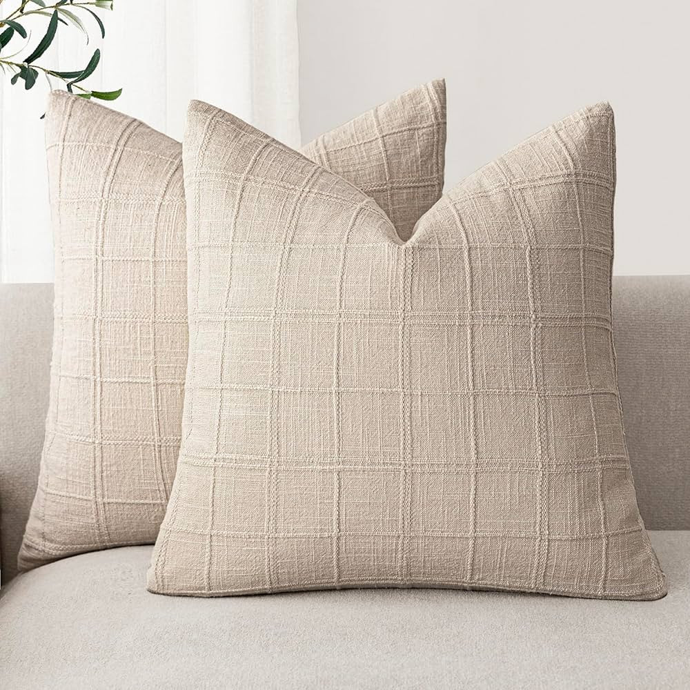 Foindtower Set of 2 Decorative Linen Check Throw Pillow Covers Neutral Farmhouse Vintage Cushion ... | Amazon (US)