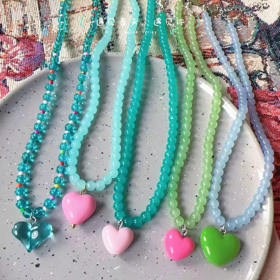Candy Color Heart Pendant Blue Green Glass Beaded Contrast Design Necklace Girl 2025 Summer Fashi... | AliExpress (US)