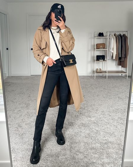 Casual rainy winter day outfit - XS sweater, S trench coat, 26 black jeans 

#LTKSeasonal #LTKunder100 #LTKstyletip