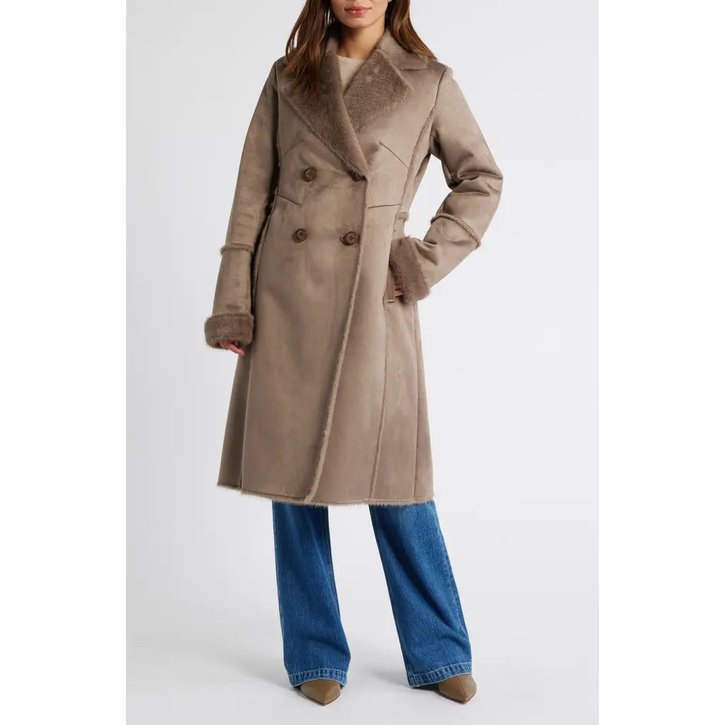 Via Spiga Double Breasted Faux Shearling Coat in Truffle at Nordstrom, Size Large | Nordstrom
