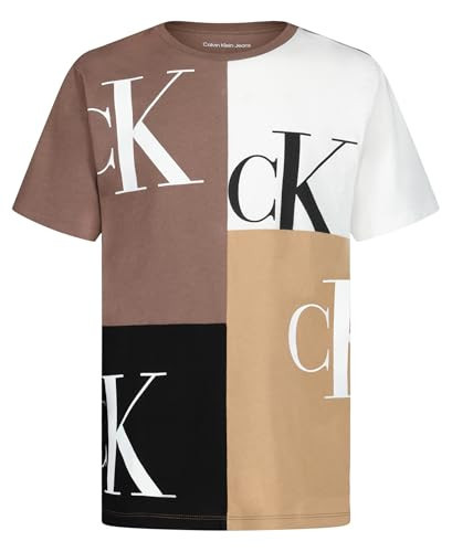 Calvin Klein Boys' Short Sleeve Fashion Print Crew Neck T-Shirt, Comfortable, Relaxed Fit, Block Party Coffee Quartz, 10-12 | Amazon (US)