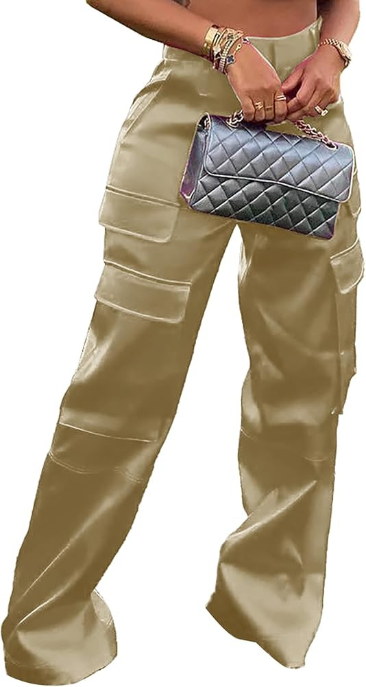 NRTHYE Women High Waisted Satin Cargo Pants Wide Leg Casual Pants Multi Pockets Straight Trousers | Amazon (US)