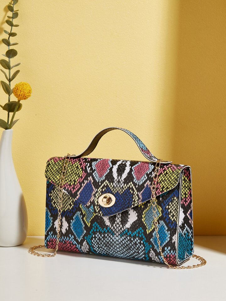Sac carré en relief de python verrou tournant à rabat à chaîne | SHEIN