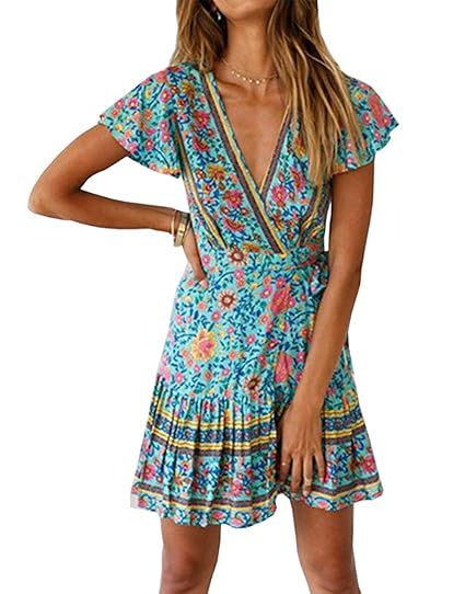 PRETTYGARDEN Women's Summer Deep V Neck Leaf Printed Ruffle Hem Split Wrap A Line Mini Dresses wi... | Amazon (US)