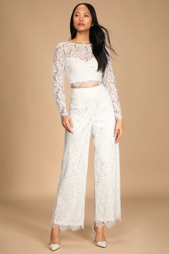 Level of Love Ivory Lace Long Sleeve Two-Piece Jumpsuit | Lulus (US)