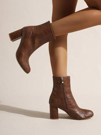 Women's Stylish And Comfortable Classic Brown Pointed Toe Chunky Heel Boot | SHEIN