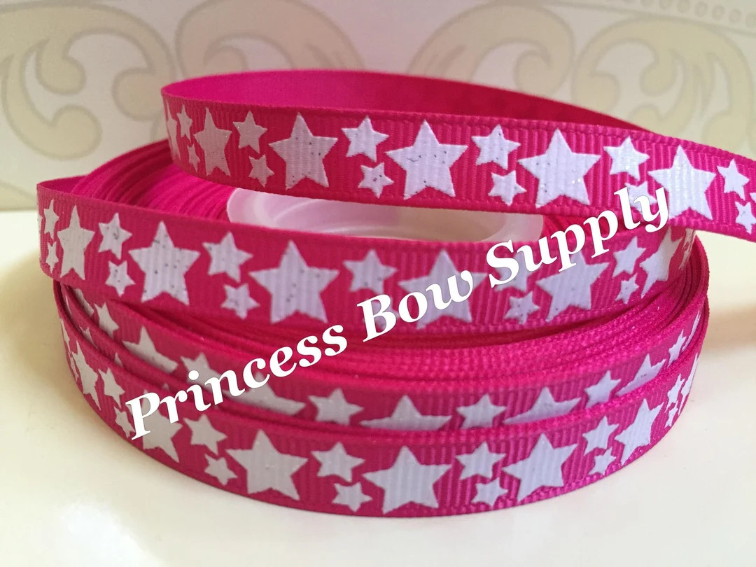 1, 3, 5, 10 yards 3/8" glitter stars dark hot pink and white print stars grosgrain ribbon | Etsy (US)