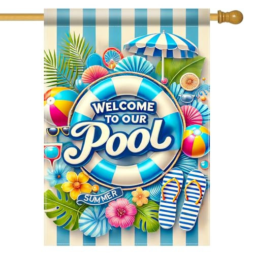 BlissYard Welcome to Our Pool Garden Flag Summer Pool Party Yard Flag 28x40 Inch Double Sided Tropical Swimming Pool Lawn Decoration Outdoor Porch Patio Backyard Summer Seasonal Yard Banner | Amazon (US)