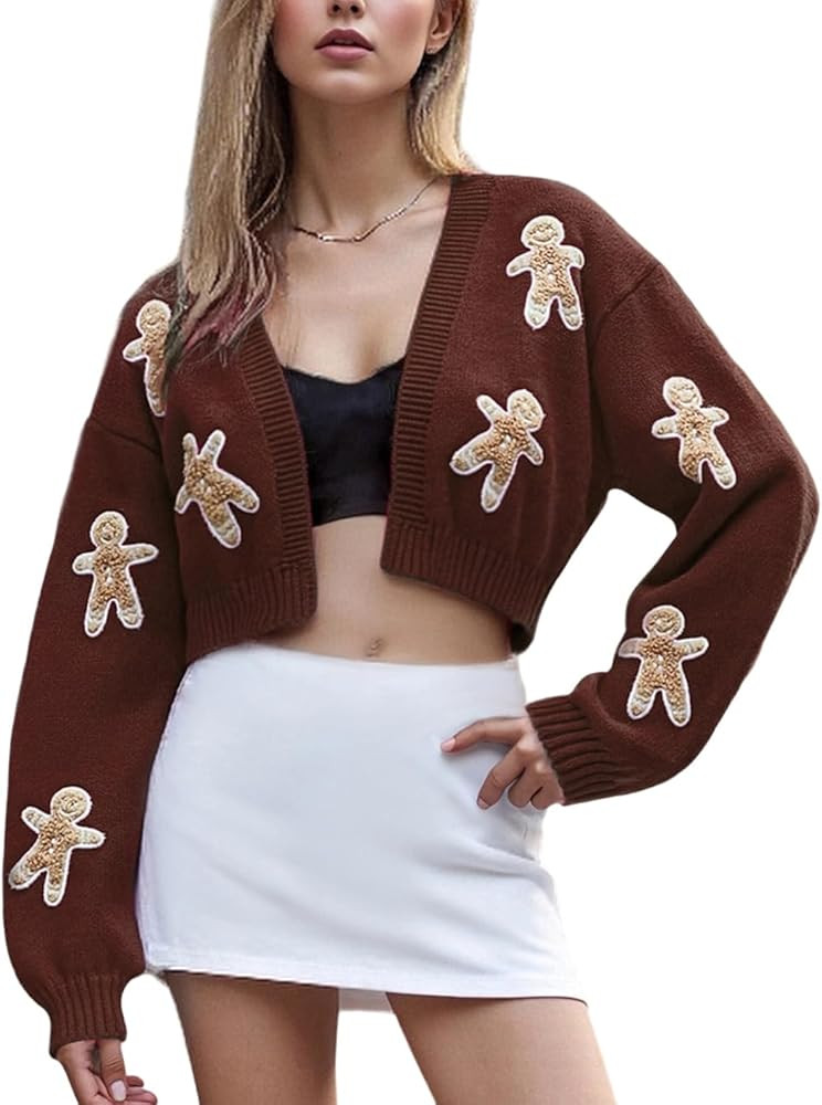 Women Holiday Sequin Cardigans Funny Graphic Button Embroidered Sweaters Cute Open Front Knit Lon... | Amazon (US)