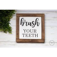 Brush Your Teeth Bathroom Sign, Farmhouse Bathroom, Decor, Shelf Sitter Block, Kids Decor | Etsy (US)