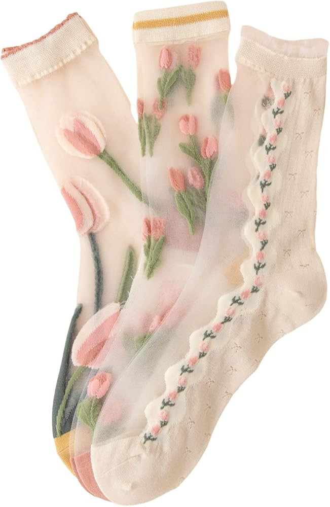 Verdusa Women's 3 Pairs Sheer Mesh Socks Floral Thin Socks | Amazon (US)