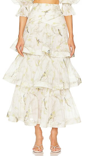 Pleated Tiered Skirt in Acacia Birds | Revolve Clothing (Global)