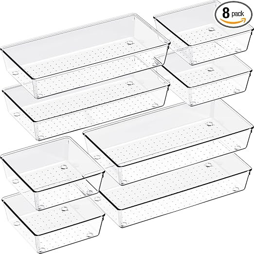 Criusia 8 Pack Large Clear Plastic Drawer Organizer Set, Bathroom Organizer Vanity Trays Dividers... | Amazon (US)