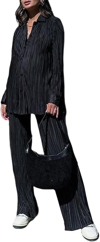 Rxozrxoz Women's Casual 2 Piece Dressy Outfits Long Sleeve Button Blouse Top Wide Leg Long Loose ... | Amazon (US)