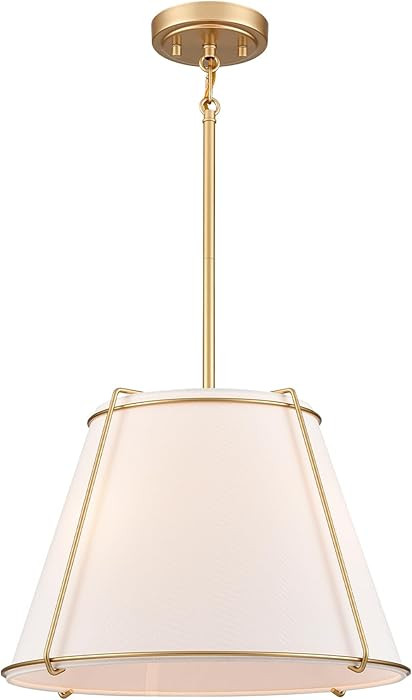 Cone Pendant Light Fixture with Metal Lantern Fabric Drum Shade 16" White and Gold Chandeliers fo... | Amazon (US)