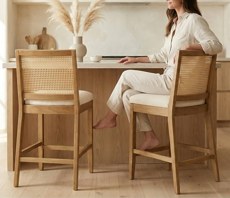 RIVOVA 26.5" Rattan Bar Stools Set of 2 Modern Linen Fabric Upholstered Counter Height Bar Stools... | Amazon (US)