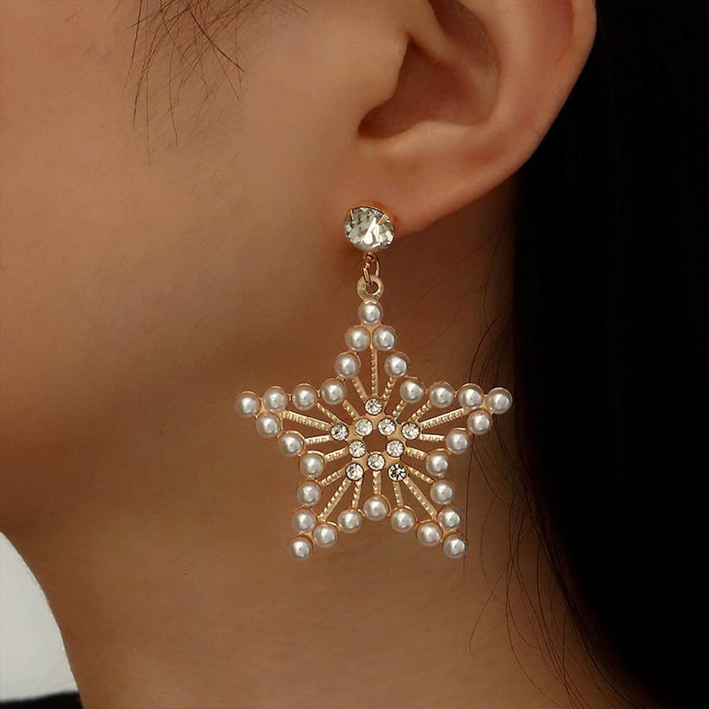 Zeshimb Boho Crystal Pearl Drop Earrings Gold Pearl Star Earrings Vintage Rhinestone Star Earring... | Amazon (US)